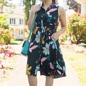 Who What Wear black floral Sleeveless button front midi dress tie belt Size 2X
